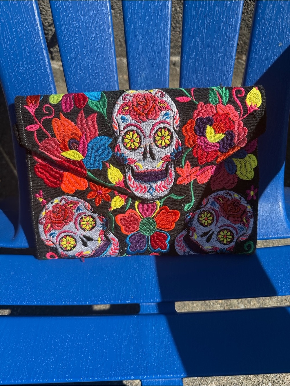 Embroidered Sugar Skull Floral Black Wristlet Clutch